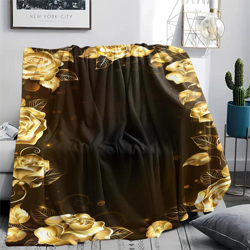 1Pc Golden Flower Print Flannel Blanket, High Quality Comfortable for All Seasons, Home Decor, Warmth and Comfort, Perfect for Gifts
