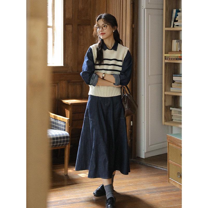 

Осенне-зимний стиль, литературный темперамент, джинсовая юбка средней длины с большим карманом, женская юбка L джинсовый синий