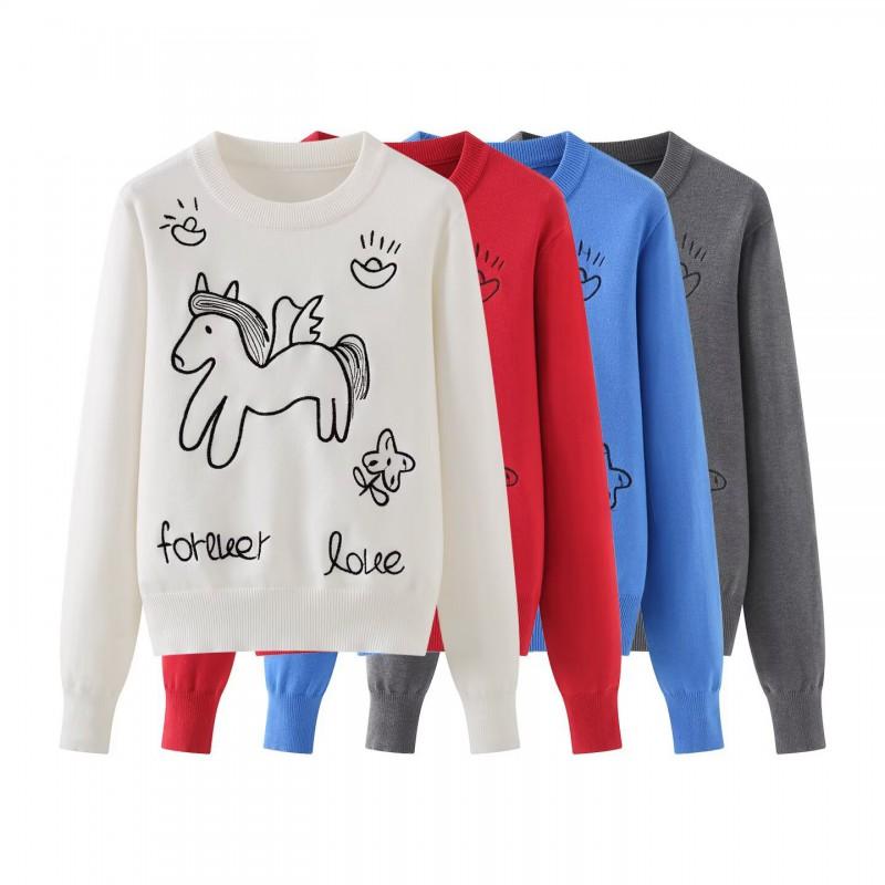 Womens 2026 Crew Neck Knit Top With Cute Pony Embroidery Versatile Casual Sweater