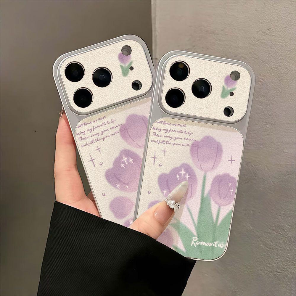 Ins Purple Tulip Is Suitable for Apple 17 Mobile Phone Case iPhone15promax All-inclusive 16Pro Leather Pattern Anti-drop.