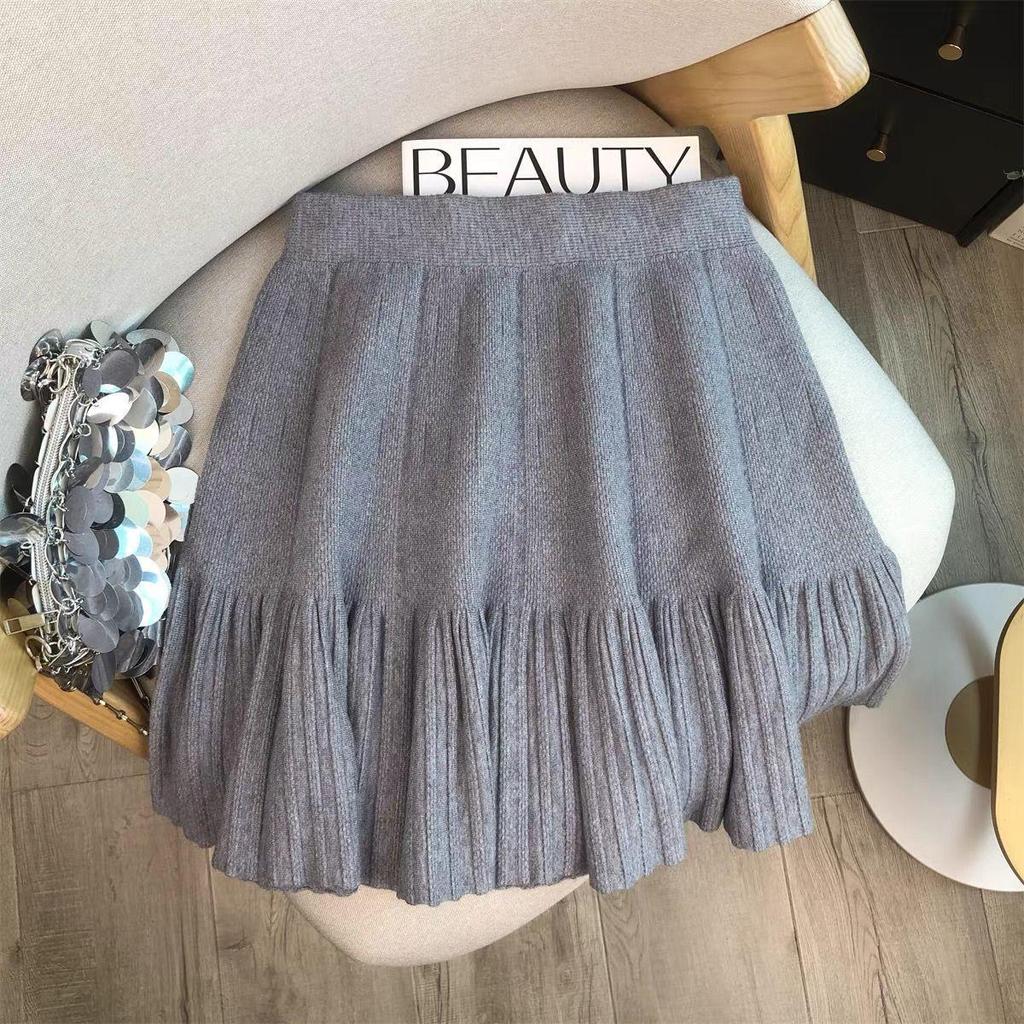 2025 Autumn/Winter Women's High-Waisted Slimming Knit A-Line Ruffle Skirt