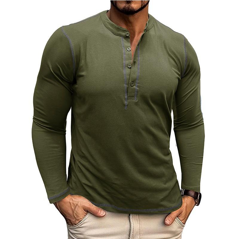 Mens Vintage Color Block Long Sleeve Crew Neck Henley T Shirt Casual Top