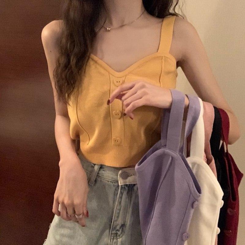 

Летний женский короткий вязаный низ, камзол без рукавов, тонкий внешний топ-труба, однотонный жилет на пуговицах, фиолетовый