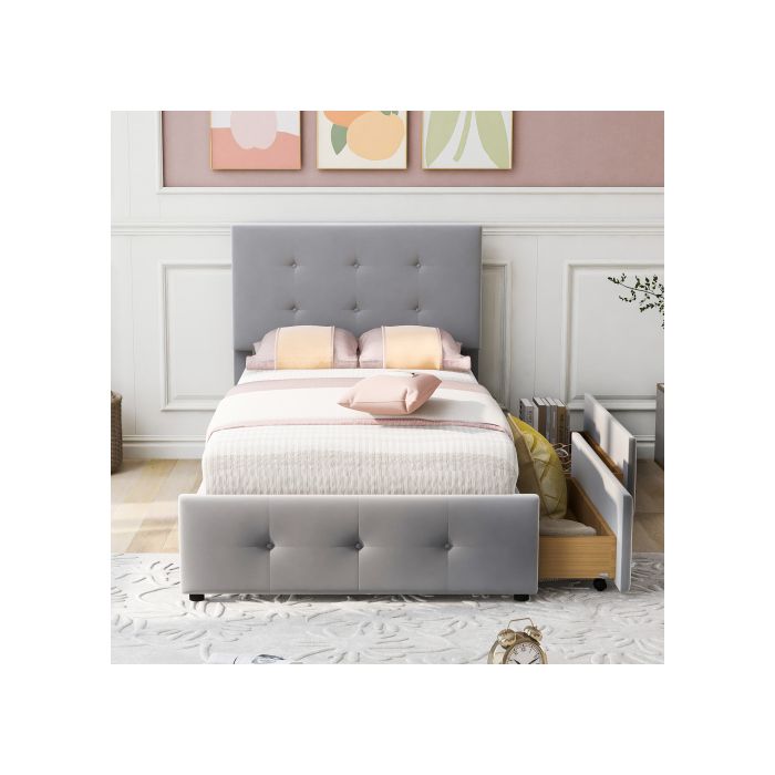 Lit rembourré 90 x 200 cm - MUVOE - Lit d'invité - Tiroirs de rangement - Métal - Montage facile