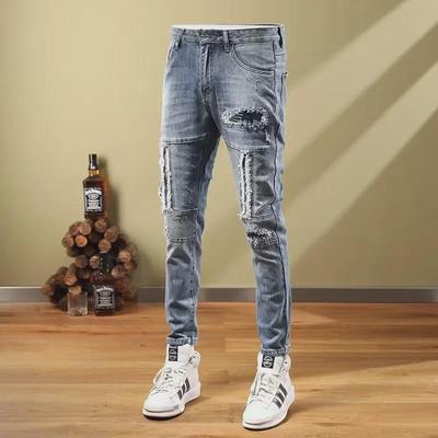 Stylish Men's Light Blue Slim Fit Elastic Patch Ripped Jeans