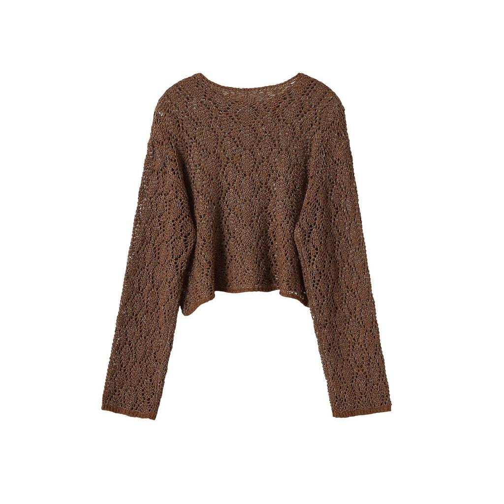 European and American style, new women's clothing, foreign style, long-sleeved one-word collar hollow knitted sweater 1822010