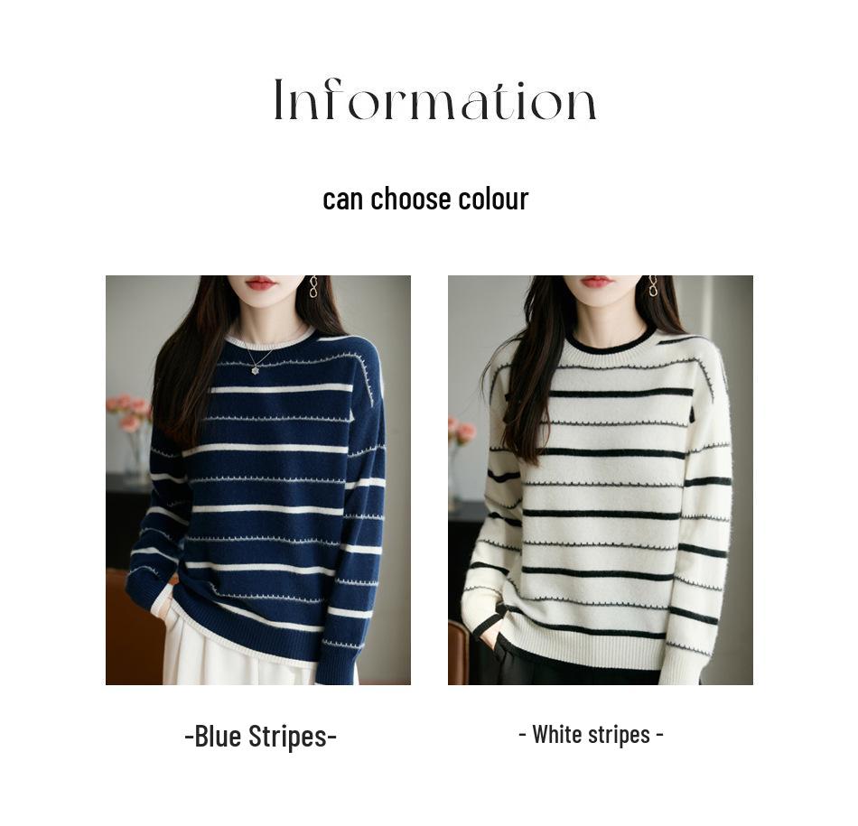 Women's Blue & White Striped Wool Knit Long-Sleeve Top - Elegant & Comfortable 2025 Autumn Style