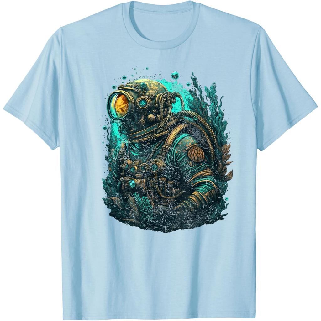 Steampunk Deep Sea Diver Graphic Tee Retro Scuba Suit Print Mens Casual Tshirt