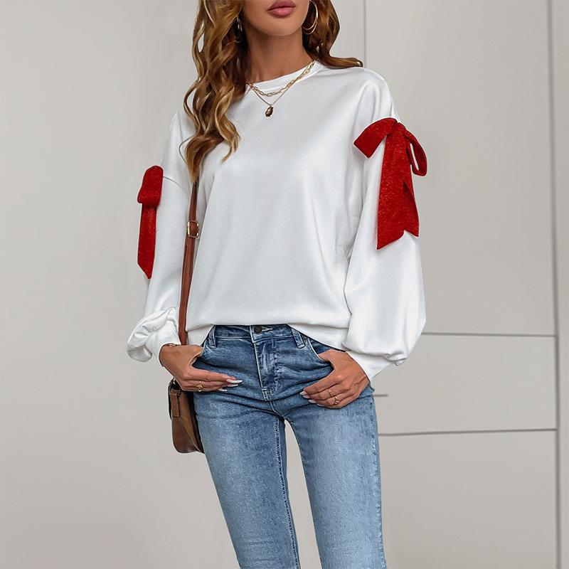 Women's Sweatshirt Loose Top Round Neck Long Sleeve Christmas Tie Bowknot