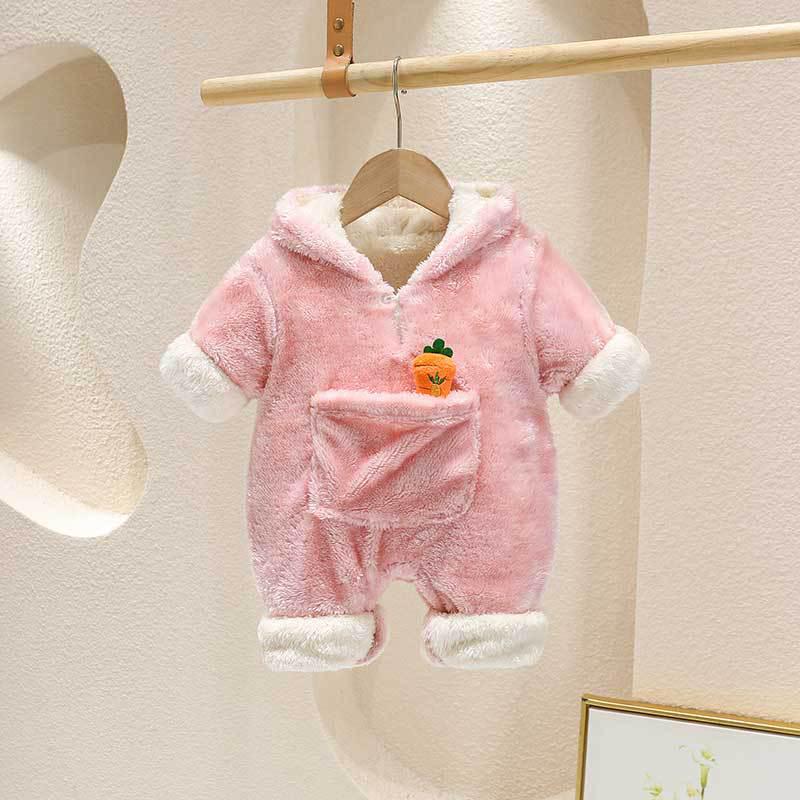 Adorable Korean-Style Velvet Hooded Baby Crawling Suit for Autumn and Winter