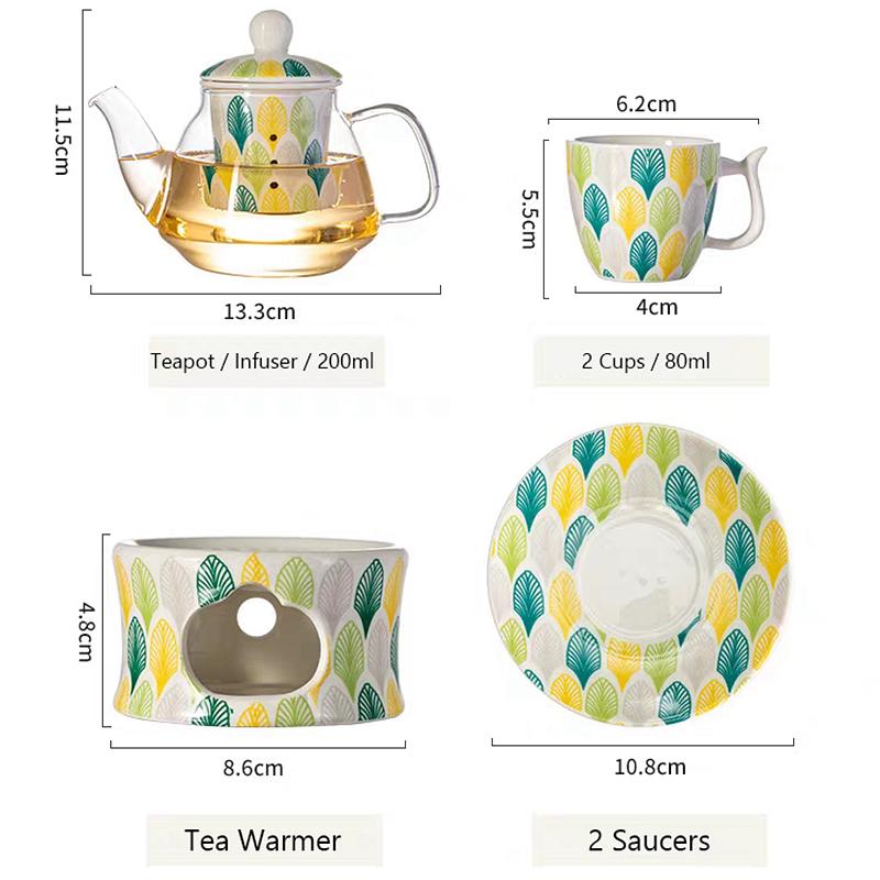Blumiges Porzellan Tee-Geschenkset Glas-Teekanne mit Sieb und Teekannenwärmer Keramik-Teetasse Untertasse Kaffeetasse Mikrowellengeeignet