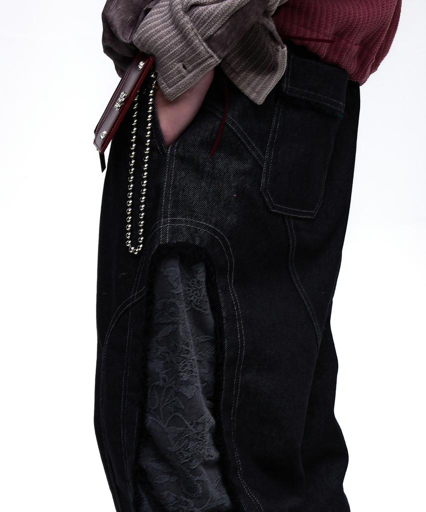 Aleseueseussi Incision Jacquard Mixed Pants - Black