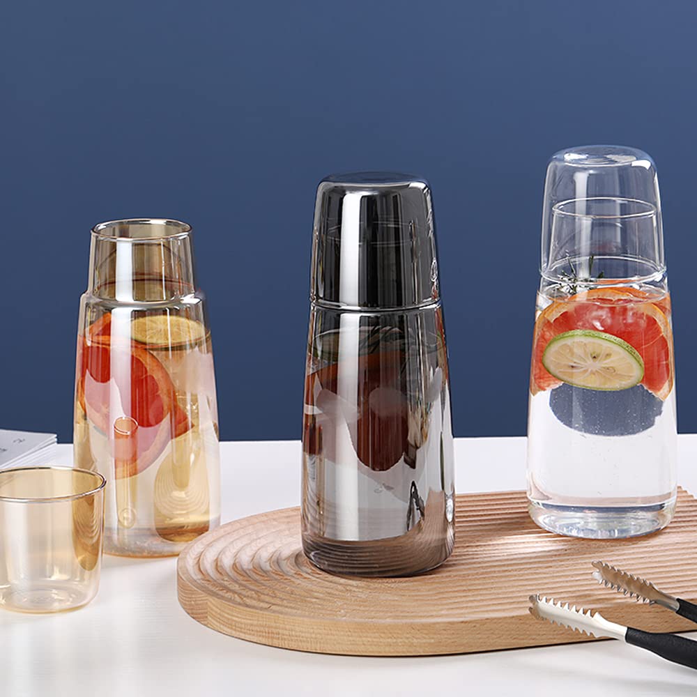 Side Table Water Bottle Set with Glass, Night Cup Set with Cup Cover, Gargle Water Bottle for Bedroom, Bathroom, and Kitchen, 25oz750ml (Amber)