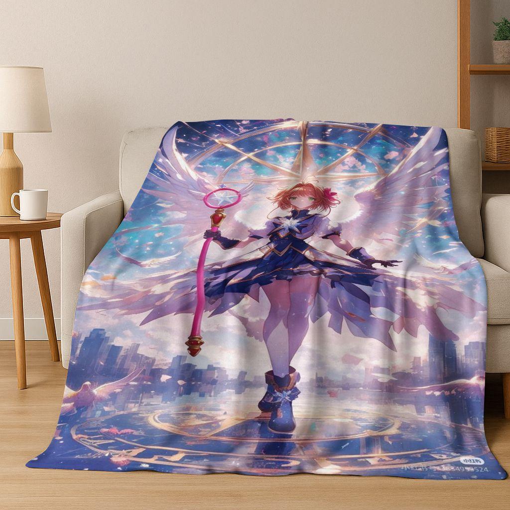 Cute Cartoon Card Captor Sakura Magic Girl Anime Art Flannel Blanket,Cozy Soft Throw Blanket for Home Bedroom Bed Sofa Cover Kid