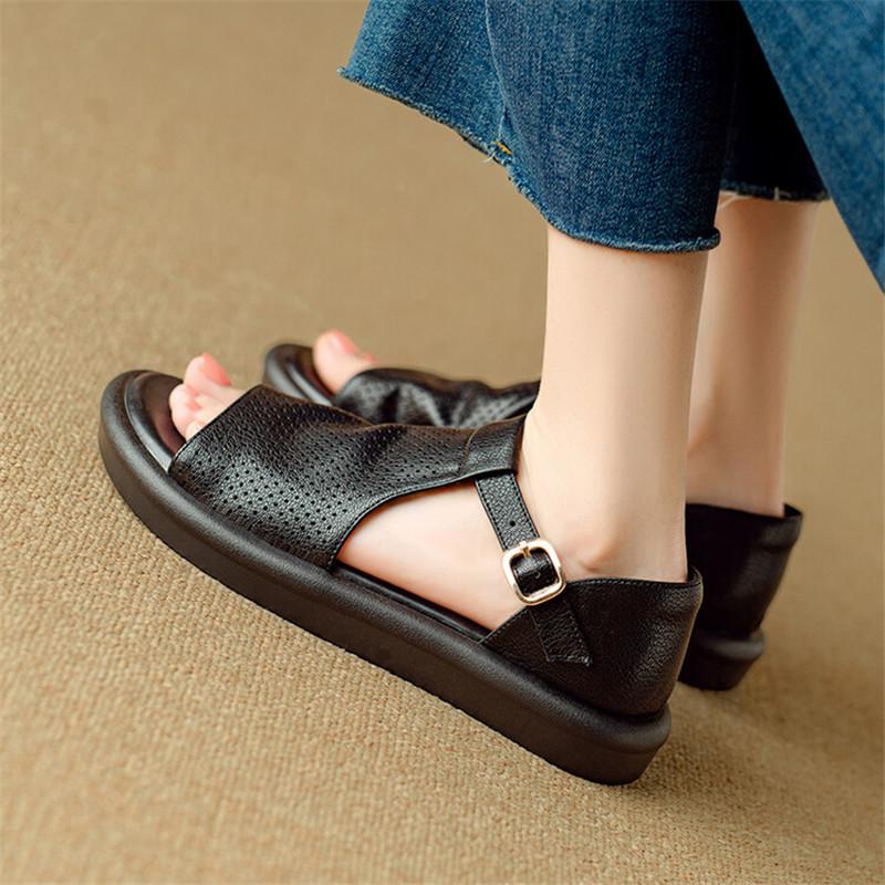 Fashion New Split Leather Summer Sandals Round Toe Low Heel Roman Sandals for Women Fashion Hollow Out Flat Shoes Concise Ladies Shoes