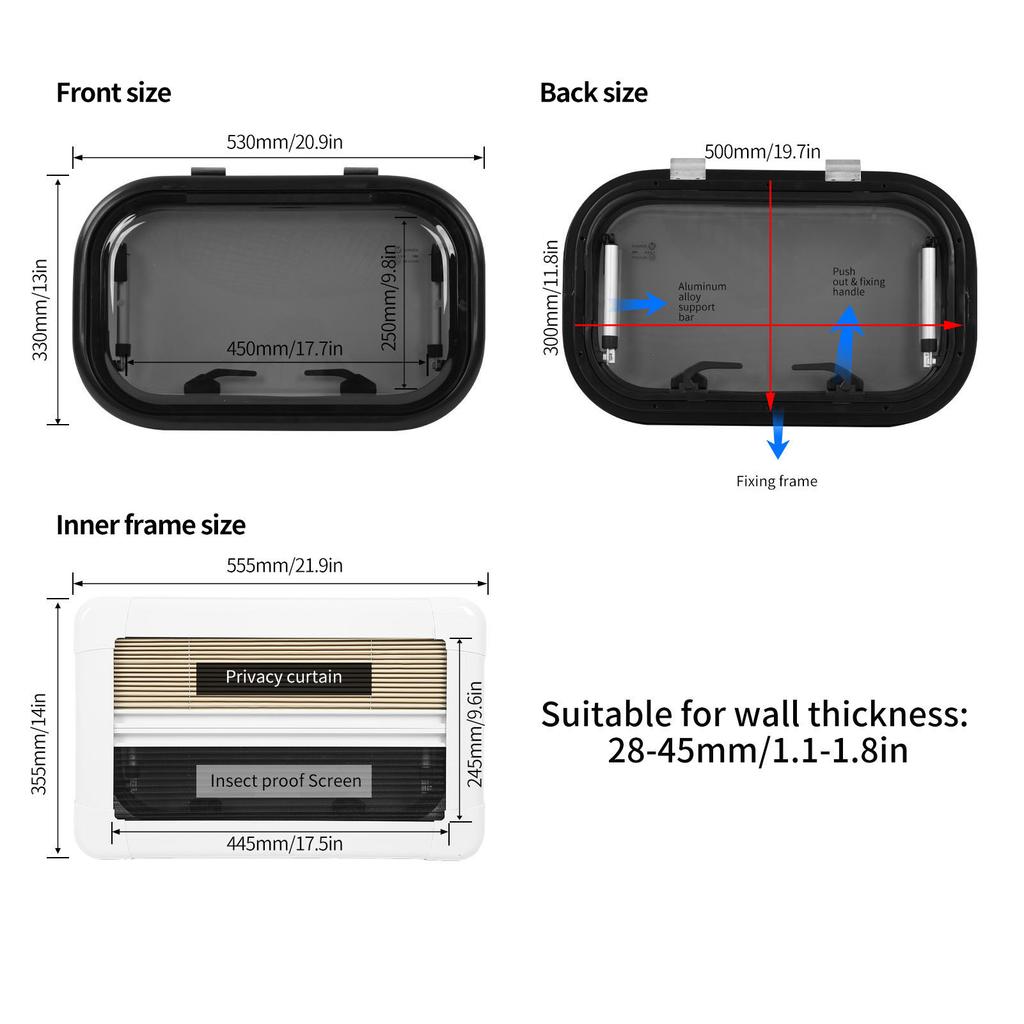 Camper Window RV Window with Sunshade Screen 500mm 300mm UV Insect Proof Push Out for Campers Trailers RV Opening Window