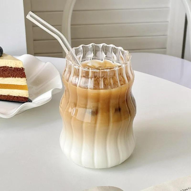 1-4 Stück 530ml Glasbecher Hitzebeständiger Becher Trinkgeschirr Transparent Tee Saft Milch Kaffeebecher Haushaltswassergläser Gestreifter Bierkrug