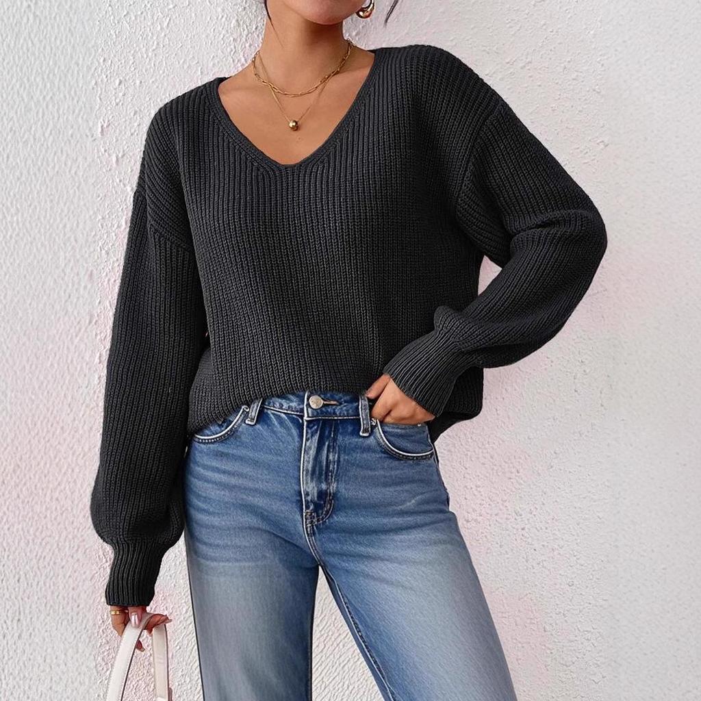 Solid-color Sweater for Autumn and Winter, V-neck Casual Pullover Top, Loose Sweater for Women