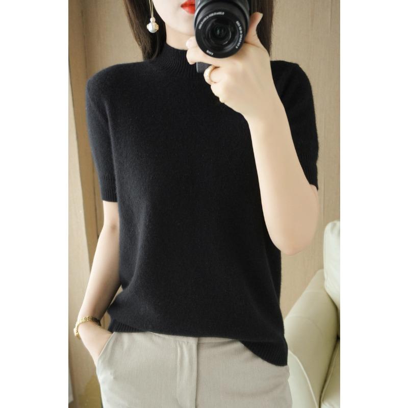 

DAFIFY Women s Fashion Casual Fall Winter Solid Color Print Short Sleeve Half Turtleneck Sweaters XXL чёрный