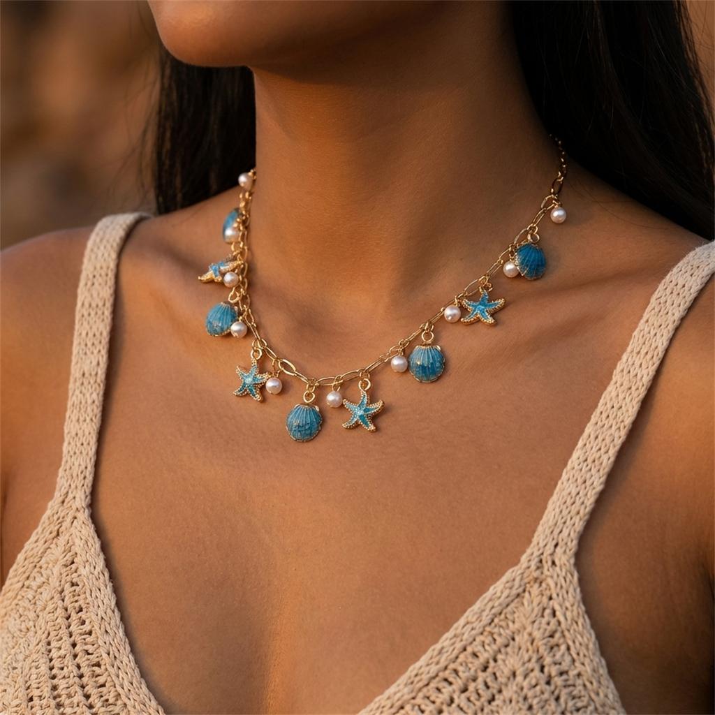 Boho Zee Ster Sint-jakobsschelp Schelp Hanger Ketting voor Vrouwen Elegante Schelp Parel Kwast Metaal Ketting Choker Zomer Strandfeest Sieraden