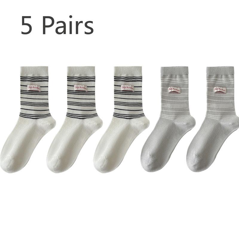 5 Pairs of Women's Casual Versatile Fabric Pinstripe Preppy Sports Tube Stack Socks