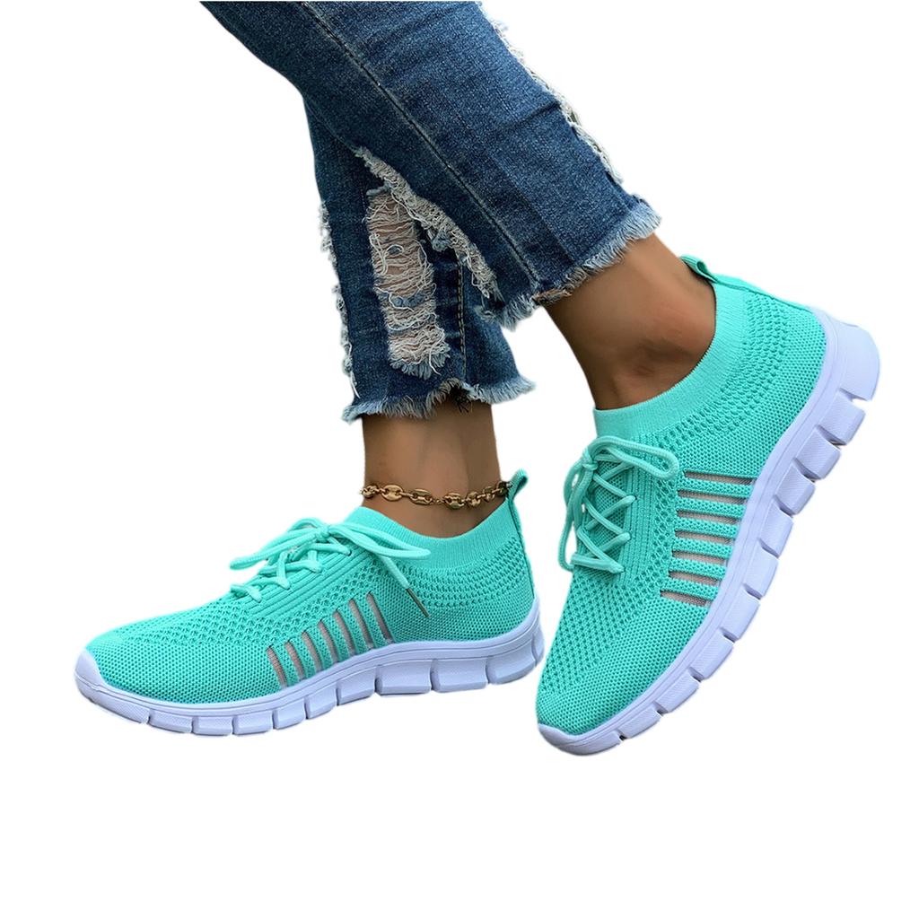 Women's Flyknit Mesh Breathable Athletic Shoes Low Cut Lace Up Platform Sole Casual Sneakers for Everyday Wear