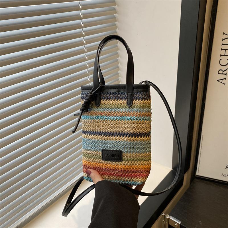 Contrasting Color Woven Bag Fashion Straw Woven Mobile Phone Bag Niche Simple Messenger Bag чёрный