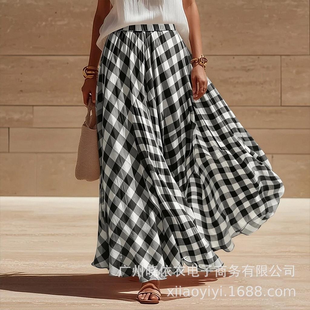 Women's High Waist Plaid Midi Skirt A-Line Flowy Layered Summer Skirt Multi Color