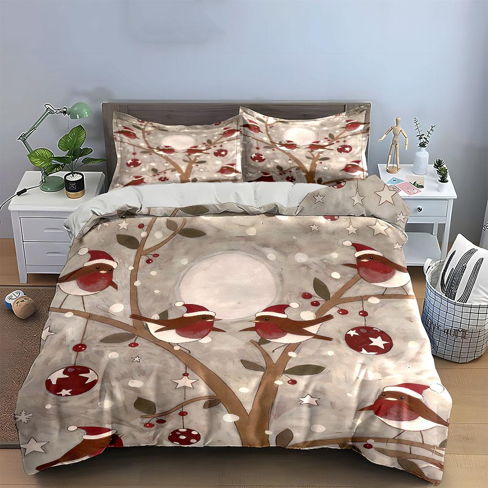 Christmas Bird Festive Decor Set Soft Comfortable Duvet Cover Bedding Set Included 1*Duvet Cover & 2*Pillowcases, Gift