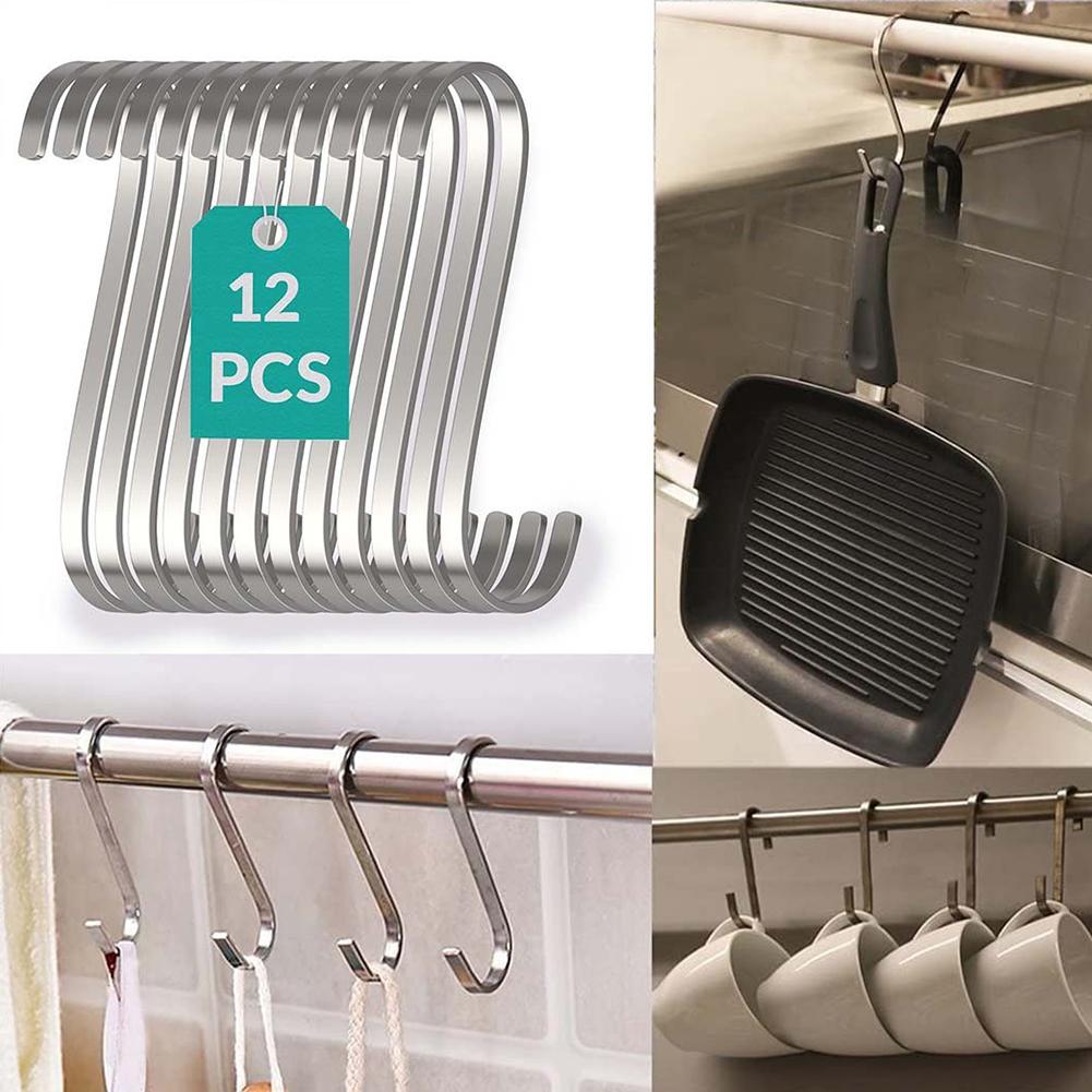 12pcs S Hook Flat Stainless Steel Silver Anti-drop No Bayonet Hook For Kitchen Garden Garage Hanging Utensil Home