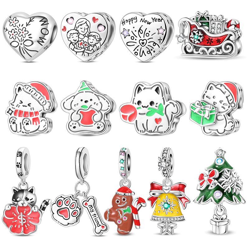 925  Silver Christmas Puppy Cat Charms Sleigh Happy New Year Bead Pendant Fit Original Bracelet Necklace Jewelry Gift