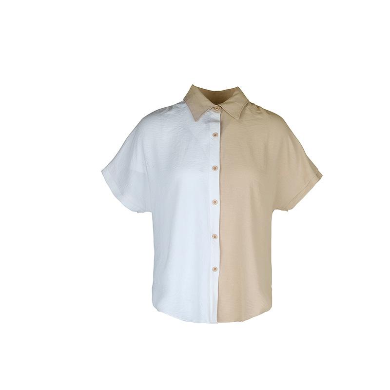 Women Summer Polo Collar Short Sleeve Contrast Shirt Single Breasted Loose Blouses Tops