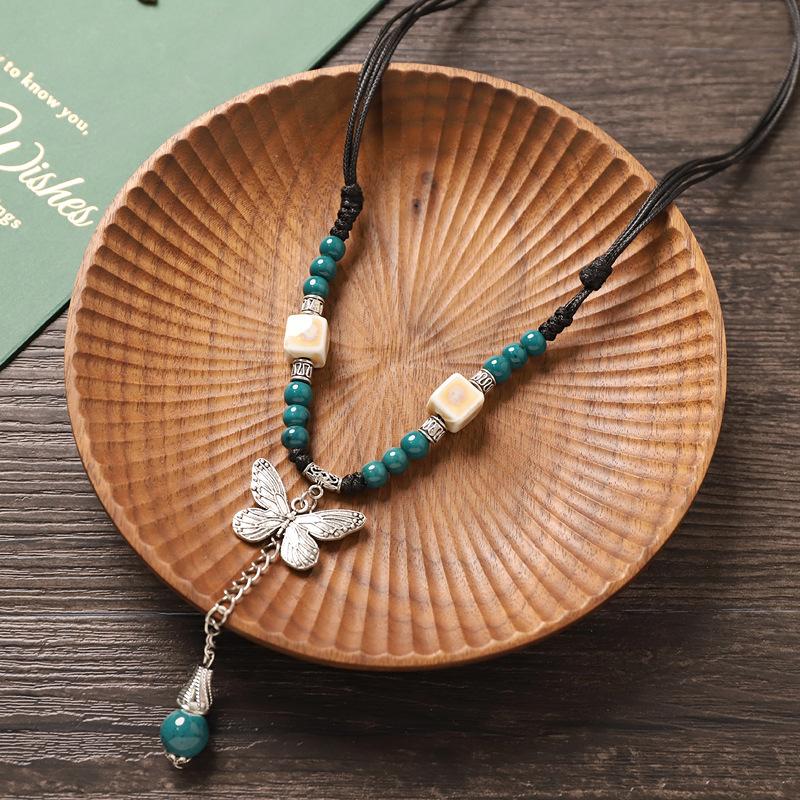 Literary Retro Ceramic Butterfly Necklace Women's High-end Pendant Niche Simple Accessories