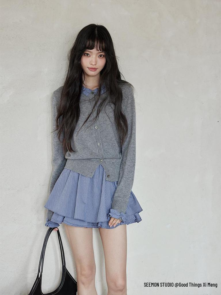 Yimeng 2025 Korean Style Patchwork Long Sleeve Knitted Cardigan for Women