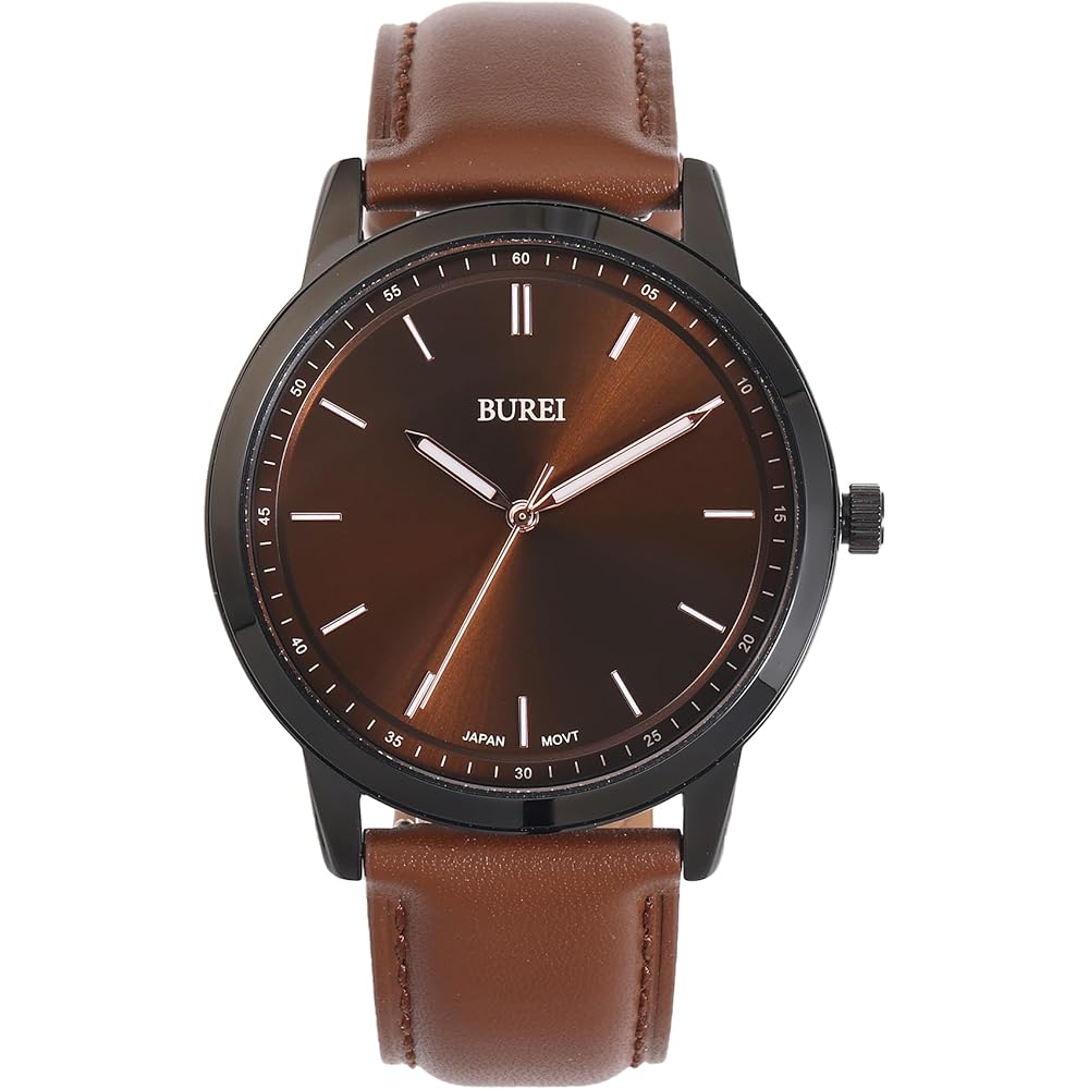 BUREI Men s Analog Quartz Watch Waterproof Brown Leather Strap Black Dial Lightweight Business Watch