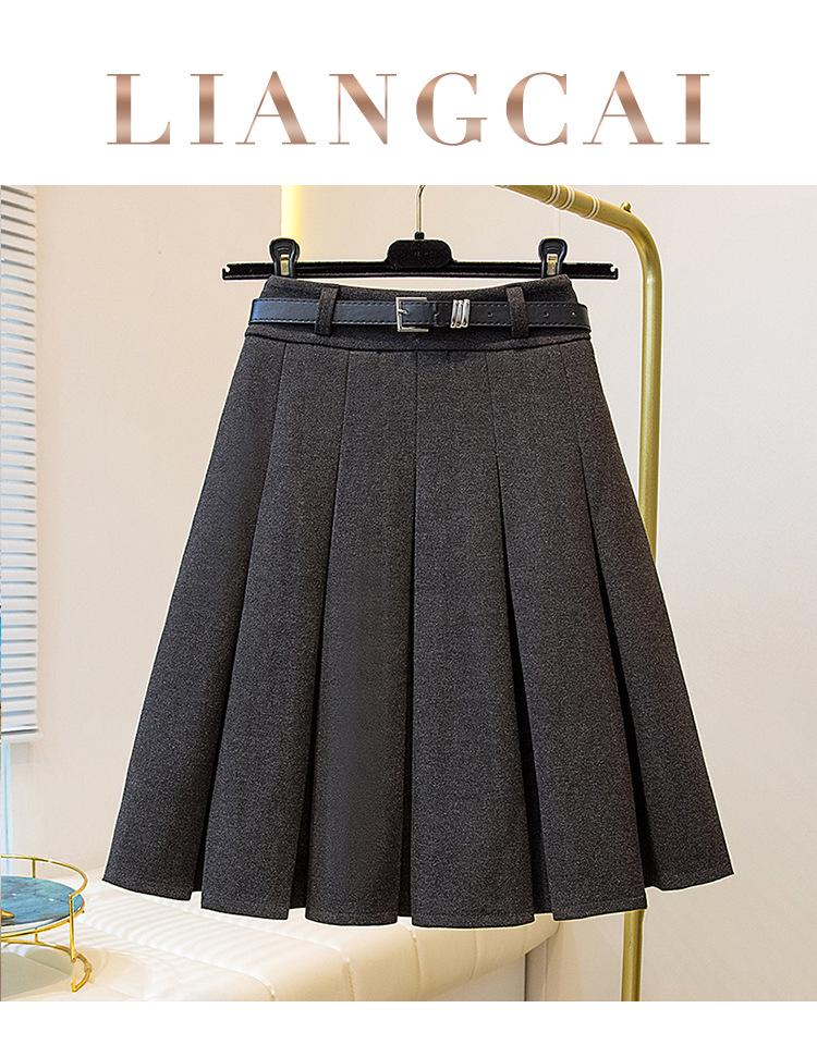 2026 Petite Plus Size Wool Pleated Midi Skirt - High Waist, Versatile School Style with Belt