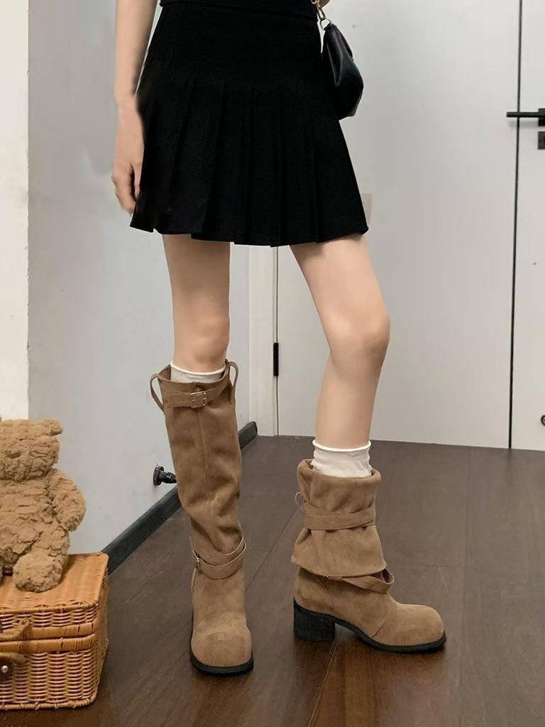 Thick heel thick sole pleated pile boots women's retro British style thin versatile knight boots 2025 autumn and winter