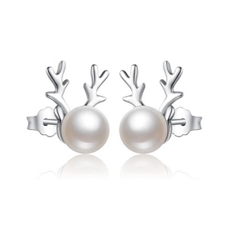 S925 Sterling Silver Pearl Reindeer Antler Stud Earrings – Temperamental Personality I Deer Have You Christmas Gift