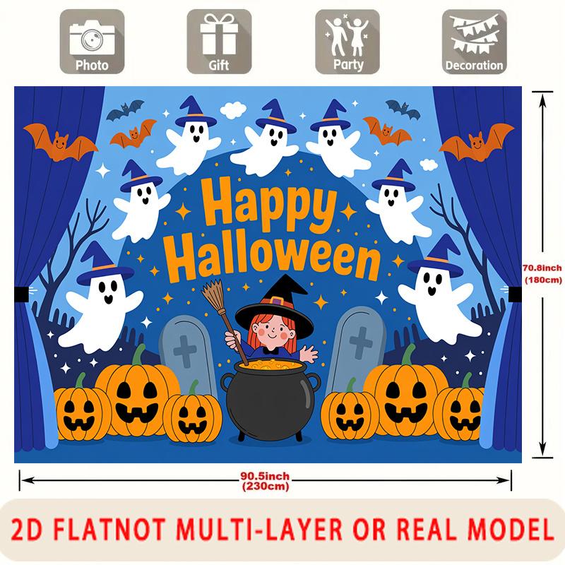 Party Backdrop Halloween Flat Spooky Ghosts Pumpkins Witch Bats Tombstones Multi Photo Booth Background Front Door Decor