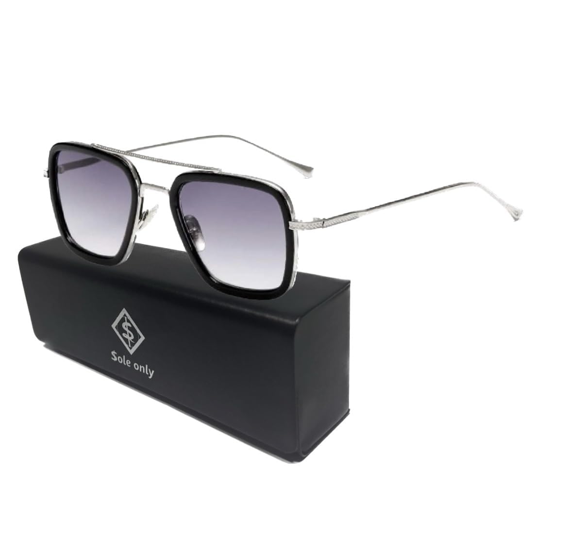 

[$ole only] Sole Only Sunglasses with Sunglasses Case, Square Silver Frame, Retro Fashion, Cool, Men s & Women s (Black Gradient)