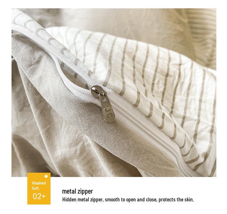 Skin-Friendly Washed Cotton Dorm Three-Piece Set: Stripe Duvet Cover & Pillowcase, Single/Double Size, Class A Quality