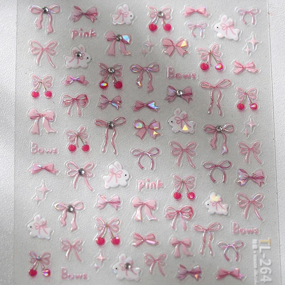 Shiny Red Bowknot Bow Tie Silk Ribbon Butterfly 5D Nail Art Sticker Pearl Rhinestones Self Adhesive Decoration Manicure Decal