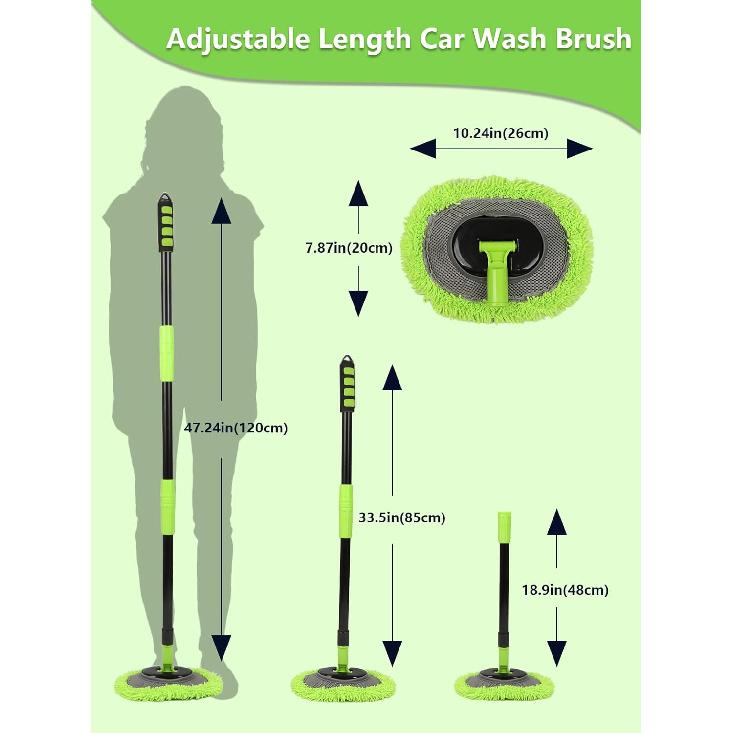Curved Car Wash Brush Mop 47" With Long Handle Sturdy Metal Pole 3 Grip Points Washing Wand Auto Cleaning Tool Kit Scratch-Free Chenille Microfiber