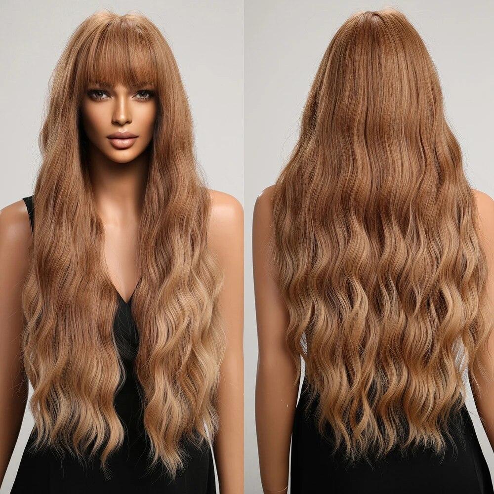 Long Water Wave Synthetic Wigs with Bangs Natural Ginger Brown Loose Curly Wavy Wig for Black White Women Heat Resistant Daily