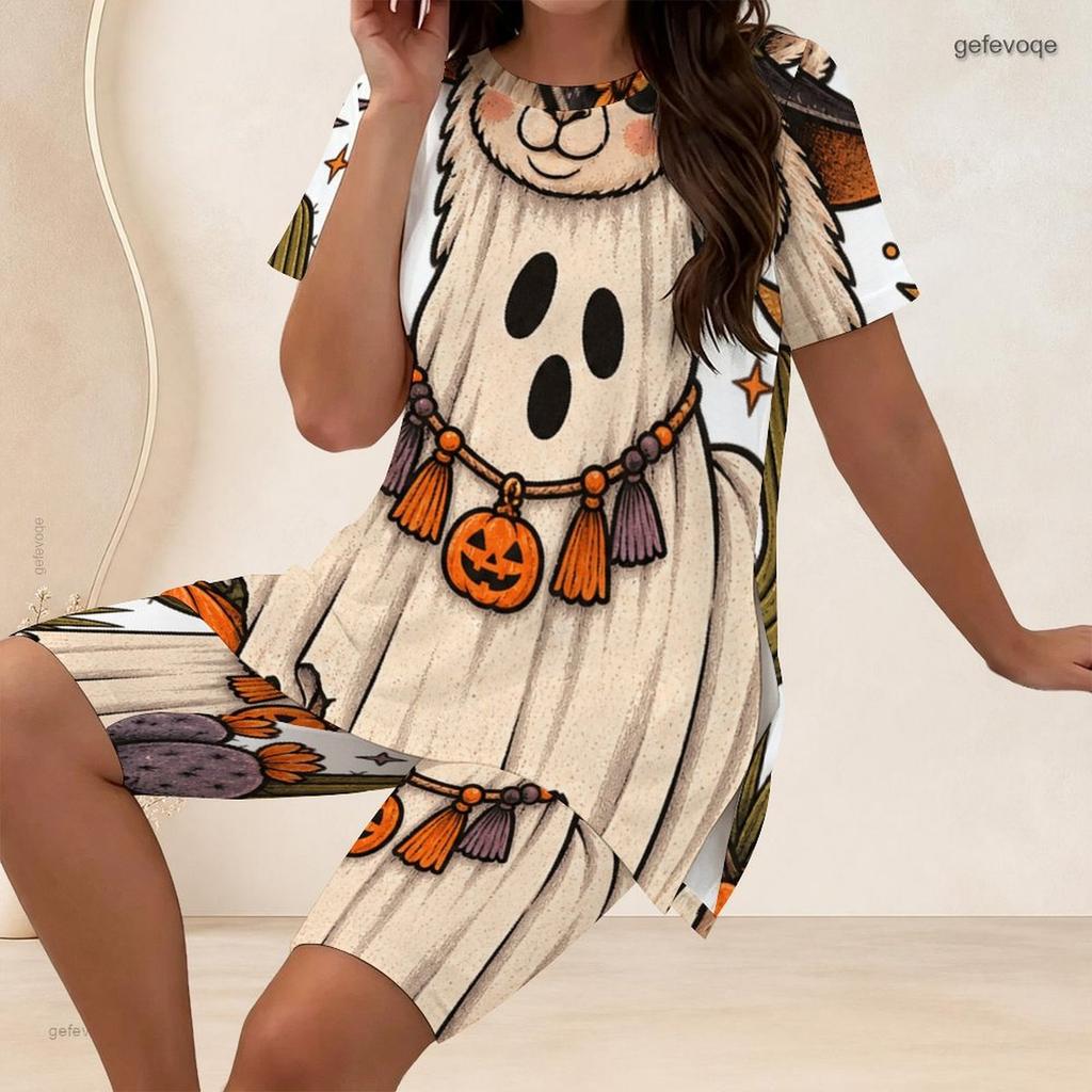 Women Plus Size Two Piece Set Pumpkin Bee Floral Print Round Neck Short Sleeve Split Top Knee Length Pants