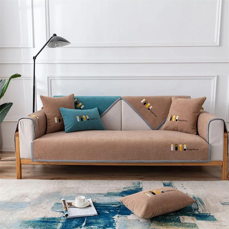 Nordic Cute Cat Print Chenille Sofa Mat Non-slip Sofa Towel Couch Cushion Cover Four Seasons Universal Simple Couch Slipcovers