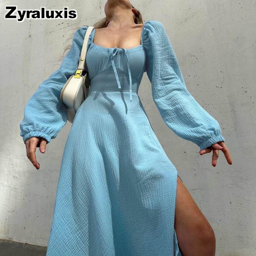 New Autumn Sexy Slit Dress for Women, Long Wrinkle Fabric Midi Skirt Female French Style Long Sleeve Square Neck Dress