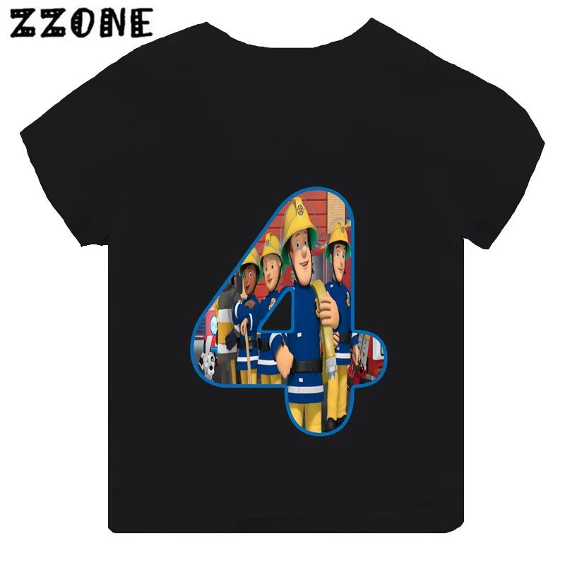 Fireman Sam Firefighter Print Cartoon Boys Clothes 1 2 3 4 5 6 7 8 9 Years Birthday Number Kids T shirt Cute Baby Girls TShirts