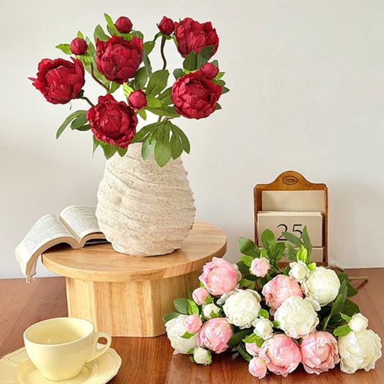Real Touch Peony Bouquet 1 Bloom 1 Bud Artificial Peony Flower Faux Silk Floral Arrangement for Home Vase Wedding Centerpiece Party Decor