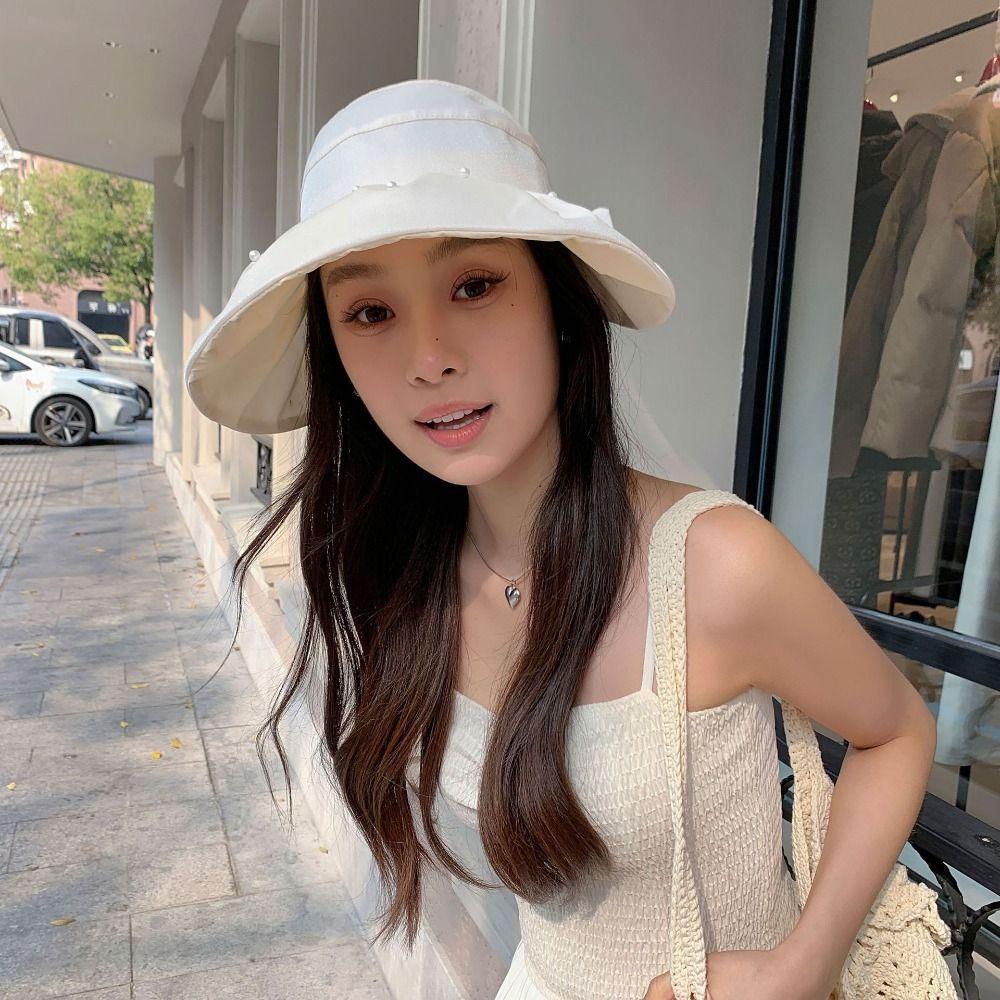 Windproof Women Pearl Bucket Hat Sun Protection Beach Cap Hot Big Brim Sun Hat Women Men